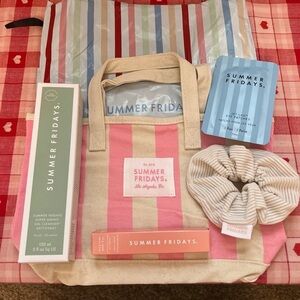 Summer Fridays Pink & Cream Striped Tote with Skincare Gift Set